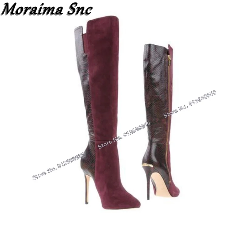 

Moraima Snc Knee High Zipper Boots Patchwork Snake Print Shoes for Women Boots Sexy Stilettos High Heels Runway Zapatillas Mujer