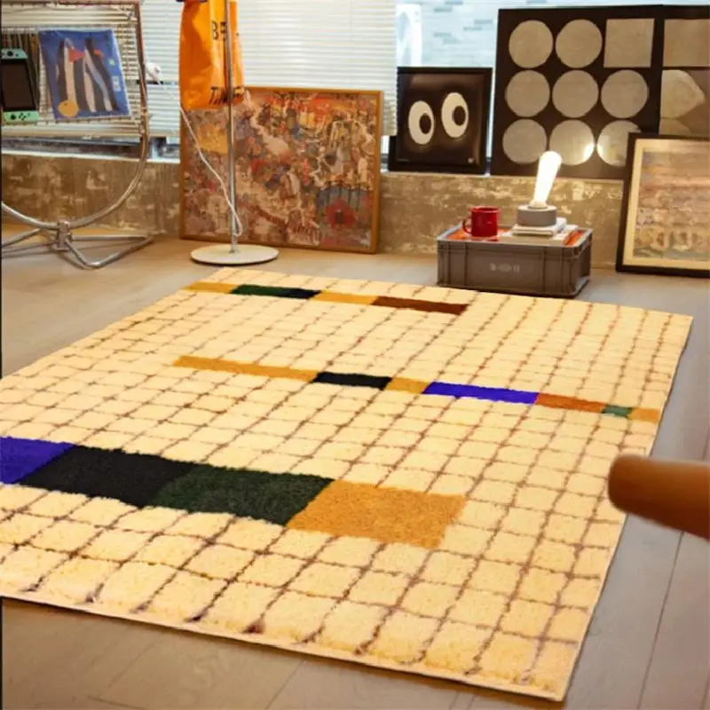 Modern Grid Tufted Carpet For Bedroom Soft Kids Room Rug Home Sofa Table Floor Mat Retro Yellow Shop Display Living Area Carpet