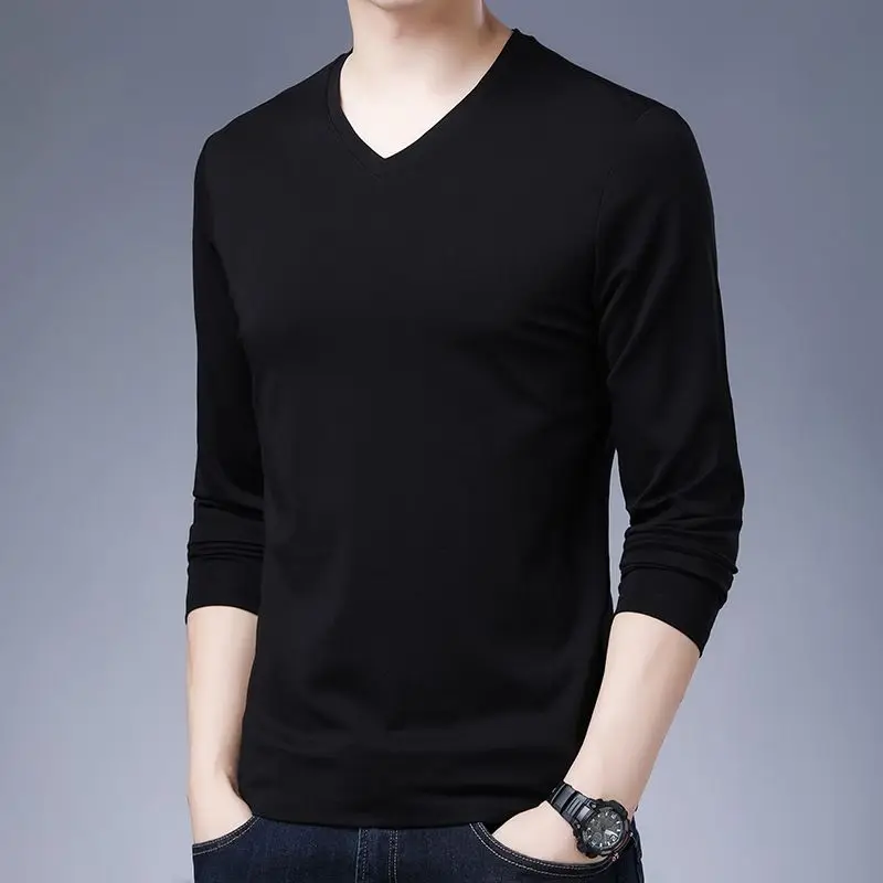 New Promotional Autumn Men Clothing Long Sleeve T-shirt Solid V-neck Bottoming Basic Versatile Business Casual Loose Tops 2023