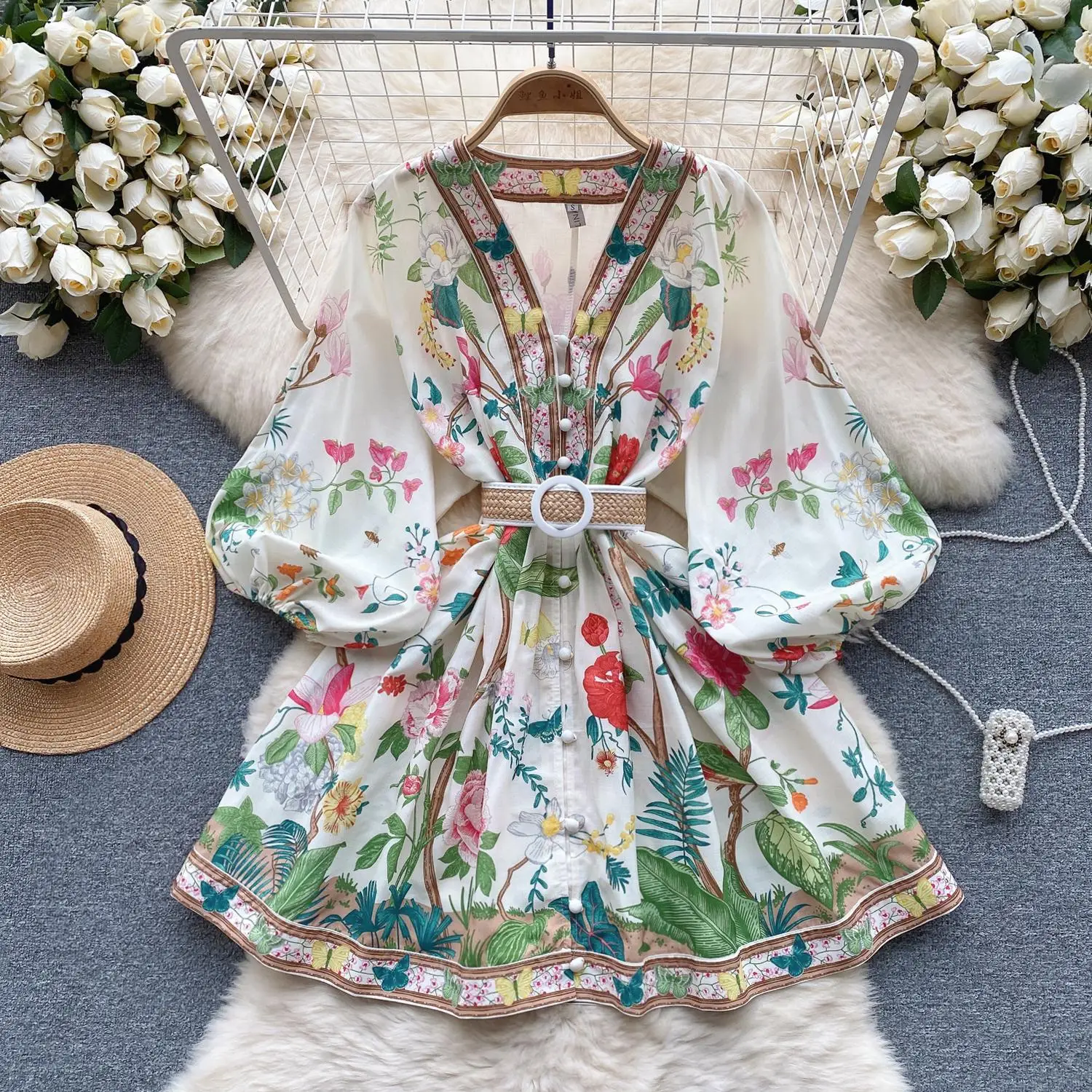 

2024 Fashion Holiday Flower Dress Women's V Neck Long Lantern Sleeve Floral Print Buttons Down Sashes Short Mini Vestidos 6507