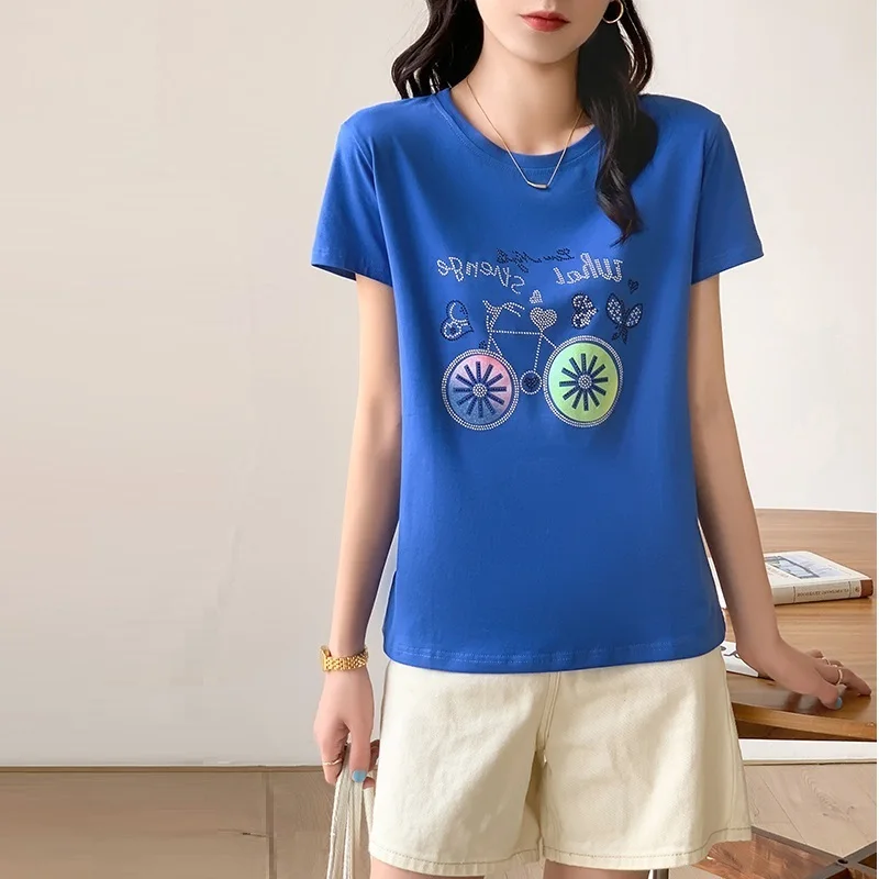 TuangBiang 2023 Summer Rhinestones Love Bike Cotton Purple T-Shirt Women O-Neck Loose Blue Tee Shirt Female Diamond Fashion Tops