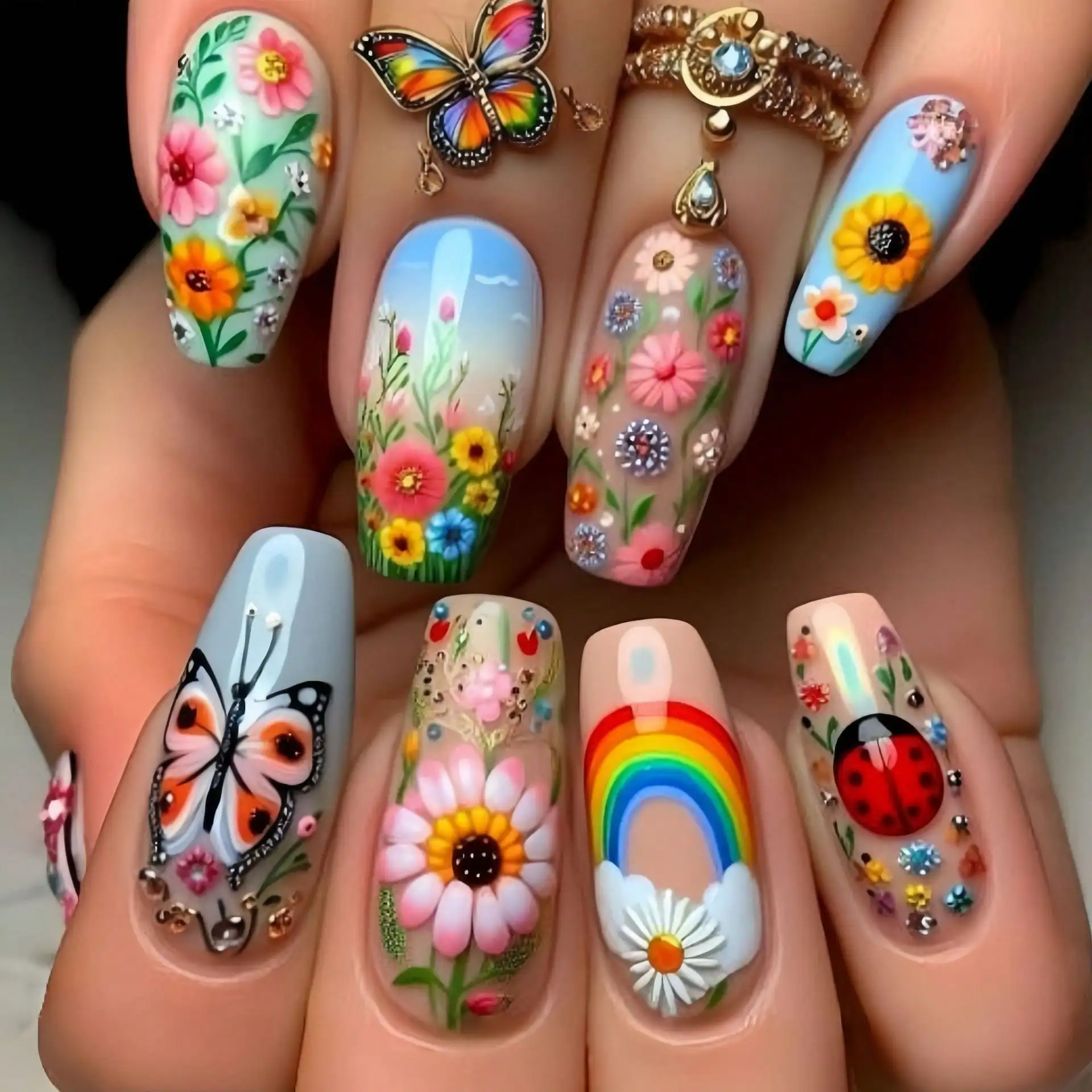 

Jelly Glue + Rubber StripMedium-Long Ballet-Shaped Rainbow Butterfly Flower Ladybug Nail Stickers, Multi-Color Nail Stickers, Fa