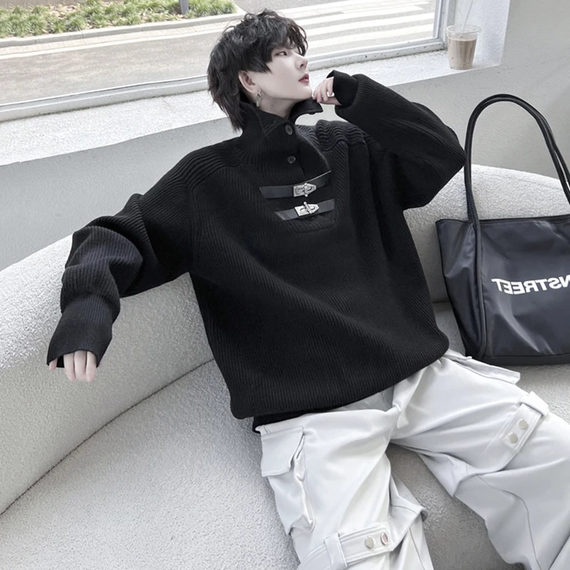 LUZHEN Men's Sweater Winter Male Pullovers Metal Leather Buckle Niche Design High Collar Loose Thick Sweatshirt Fashion LZ6343