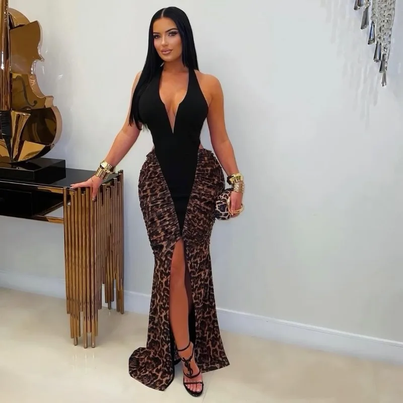 Women Deep V Halter Maxi Dress Leopard Spliced High Slit Hollow Back Elegant Evening Party Gown