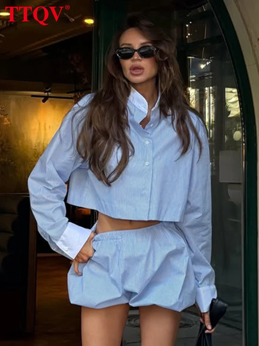TTQV Casual Long Sleeve Blouse Women's 2-Piece Sets 2027 Fashion Loose Blue Stripe Shorts Set Elegant Classic Shorts Set Female