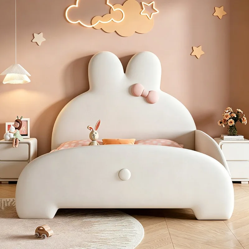 Cream Style Rabbit Ear Girls Kids Bed, Luxury Upholstered Princess Children Bed with Guardrail for Girl Bedroom Home Furniture