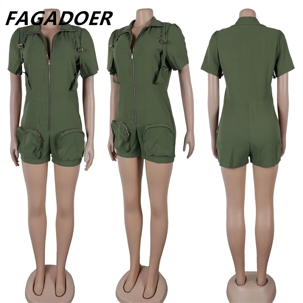 FAGADOER Fashion Solid Color Pocket Cargo Rompers Women V Neck Zipper Short Sleeve Slim Jumpsuits Casual Female Sporty Playsuits