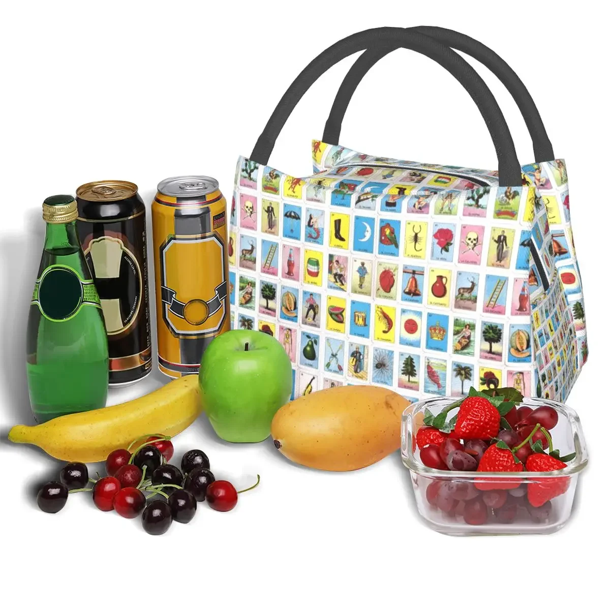 Colorful Mexican Loteria Cards Lunch Bag Funny Kawaii Lunch Box Outdoor Picnic Portable Thermal Tote Handbags Print Cooler Bag