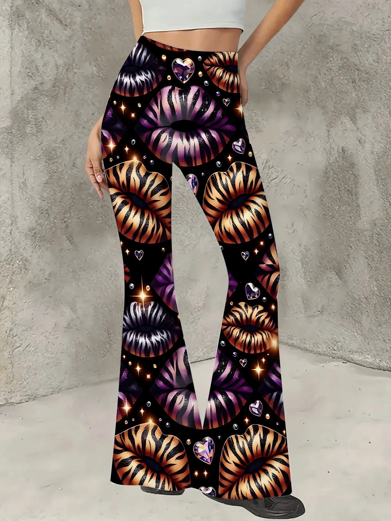 

Korean Style Printed Flare Pants Women High Waist Slim Fit Bell Bottom Leggings