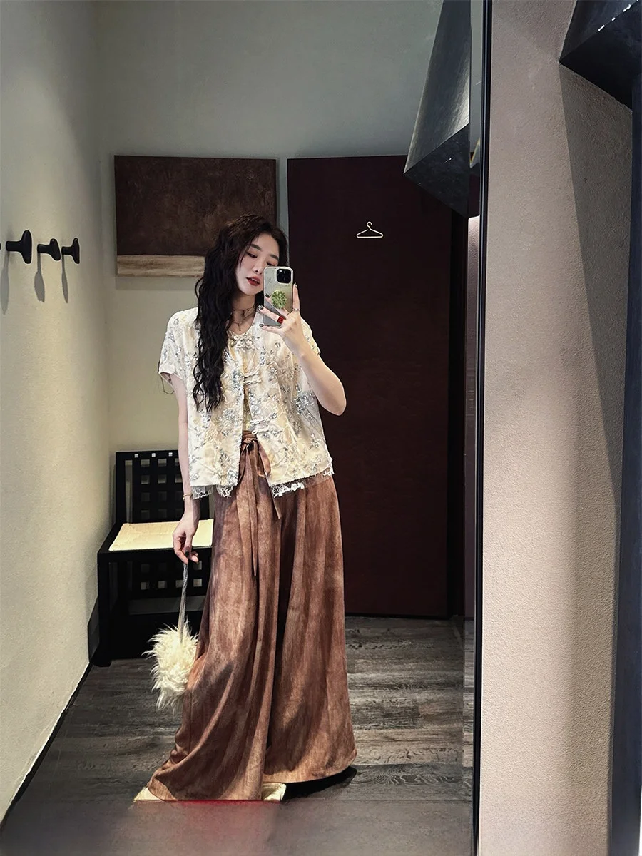 

Sangji Bla Flower New Chinese Sle Casual Wide Leg Pants Spring High Waist Polyester Fiber Women's Leisure Trousers