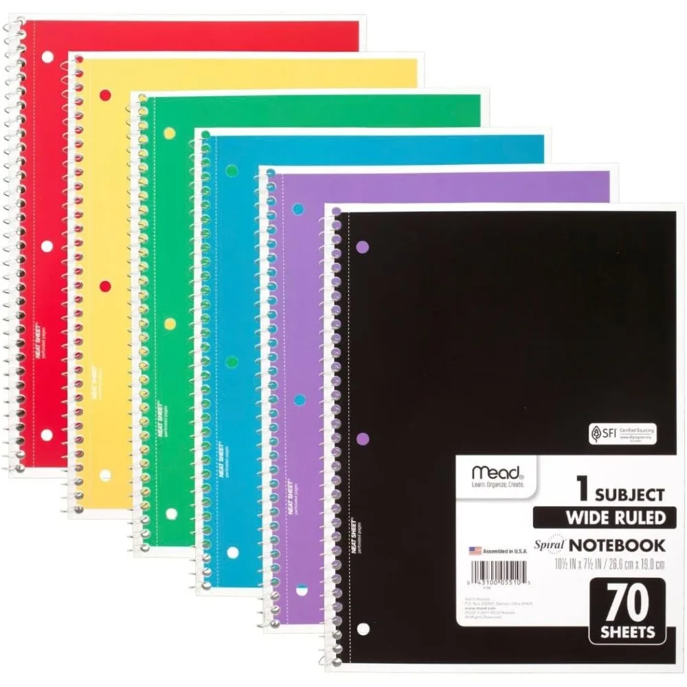 6 Pack Spiral Notebooks 1 Subject Wide Ruled 70 Sheets per Notebook 7.5 x 10.5 Inch Assorted Colors College Ruled Writing Journal Subject Notebooks Bulk for School Office Supplies