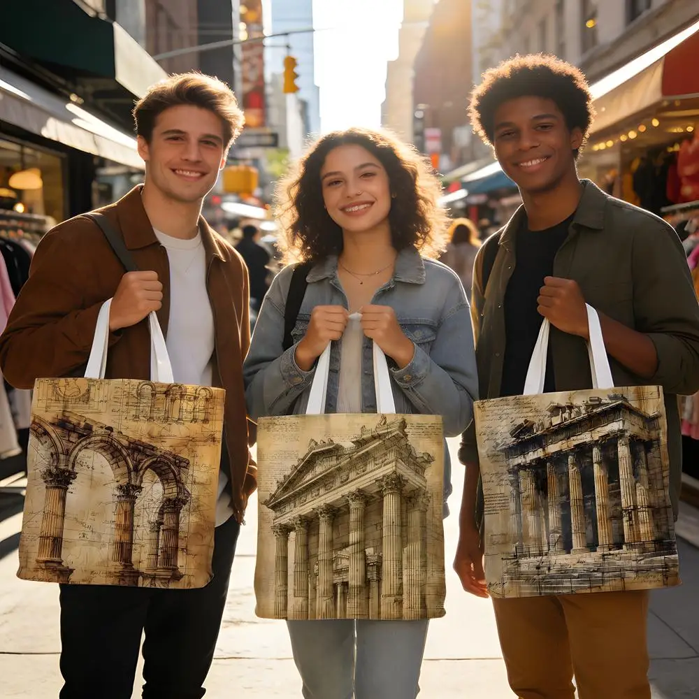 

Сумки для хранения, двусторонние, большие, моющиеся, унисекс, многоразовые, для покупок на рынке, для школы, на каждый день, в греческом классическом стиле, архитектурный дизайн A.