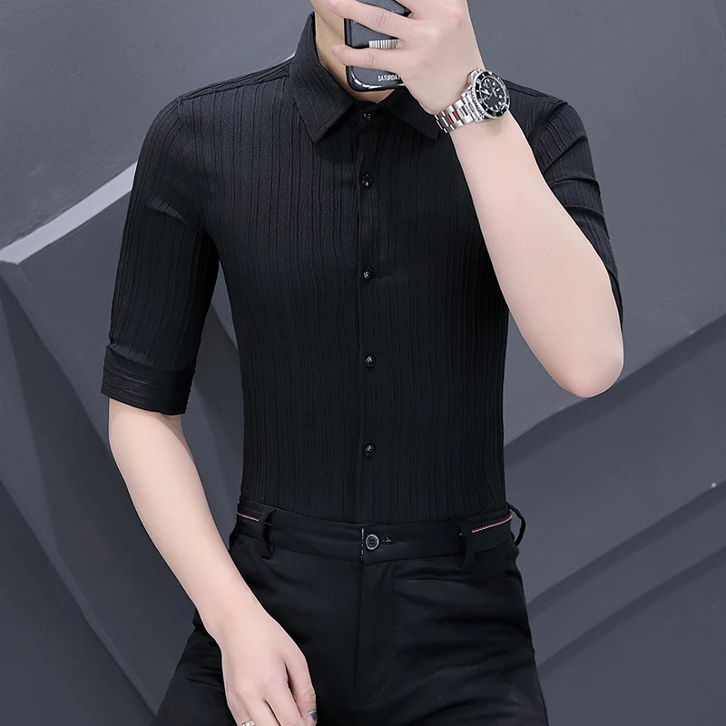 

Ice Silk Texture Casual Men's irt ort Sve Five Button Slim Fit Summer Faion Ci Sle Polyester Fiber arp Pattern