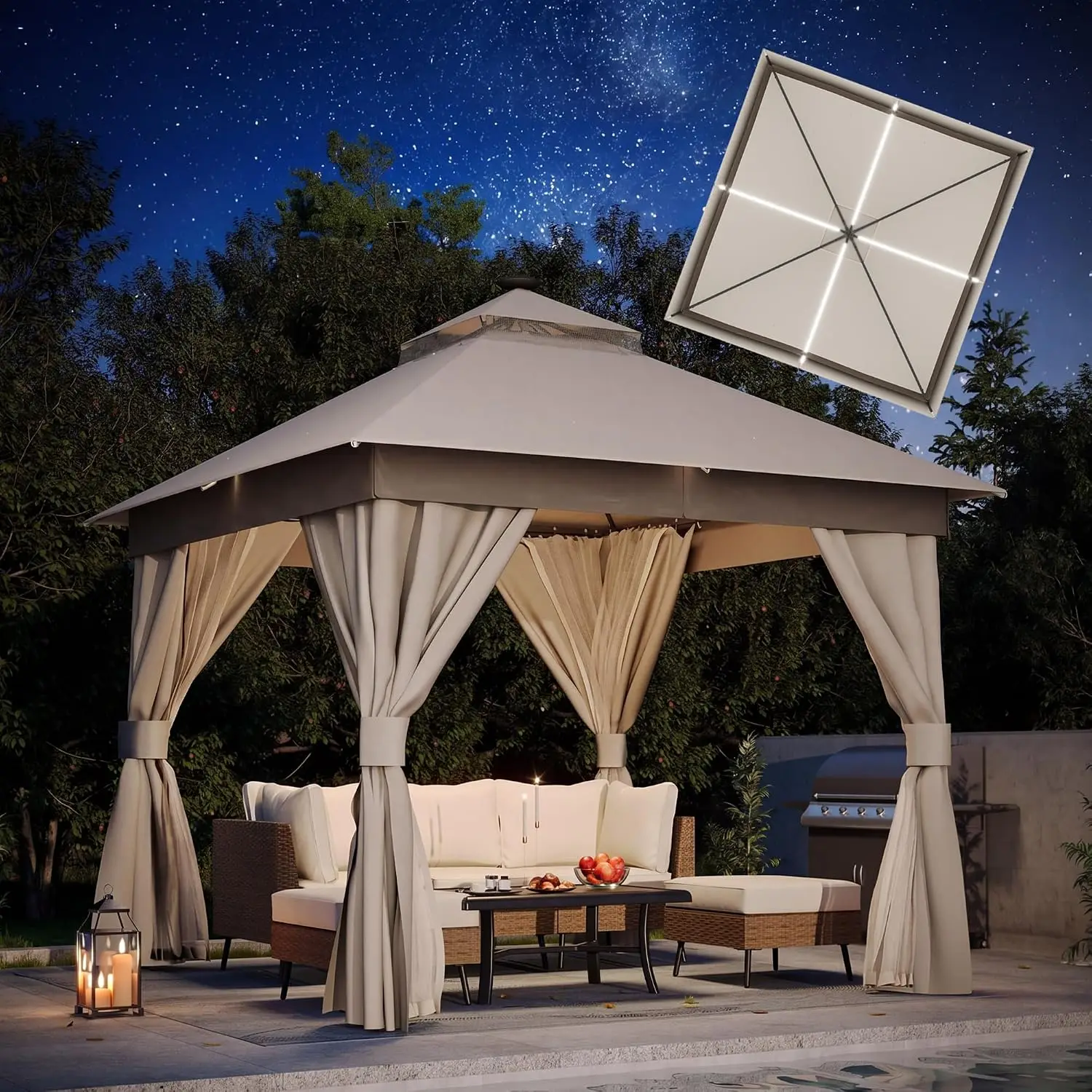 10x10 Metal Gazebo with LED Lights, Double Roof, Mosquito Net & Privacy Screen for Patio Backyard, Gray, Customized