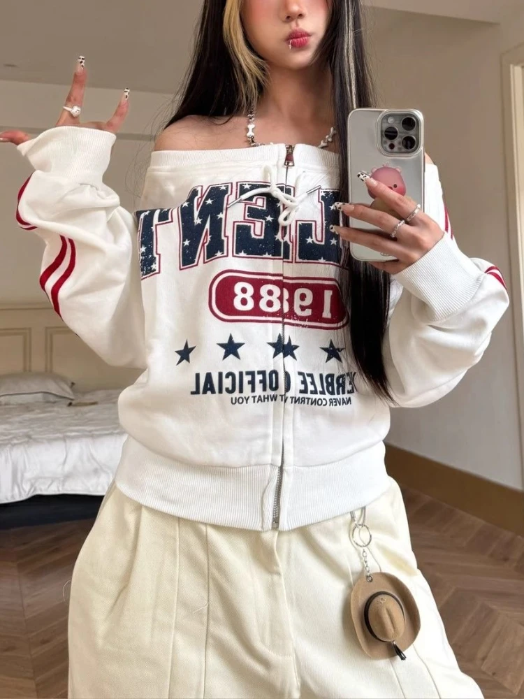 E-girl um ombro y2k recortado zíper cardigan estilo americano vinatge magro topo feminino monograma listrado webbing moletom 2000s