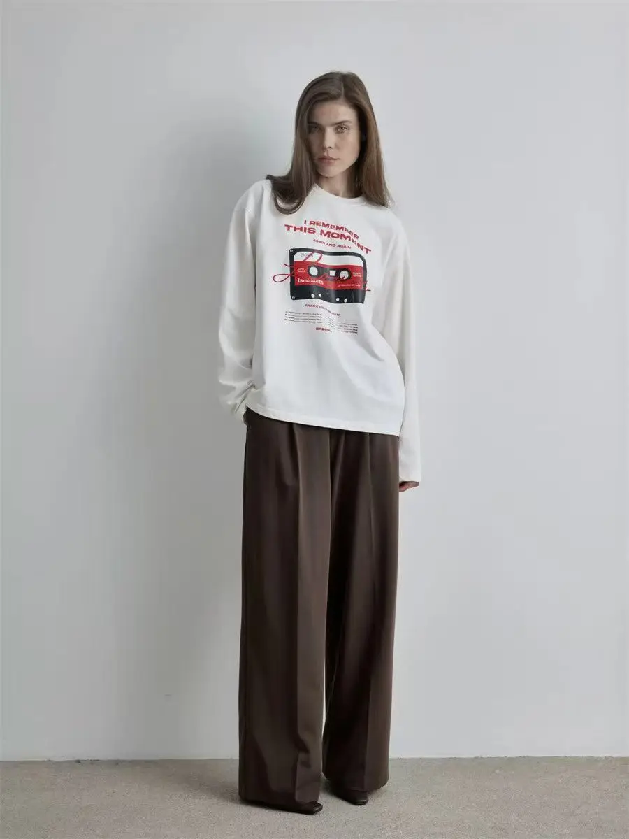 Letter Tape Print Russian Fashion 90s Vintage American Graphic T Shirts Women Long Sleeve Crewneck Funny Pattern Sweatshirt Lady
