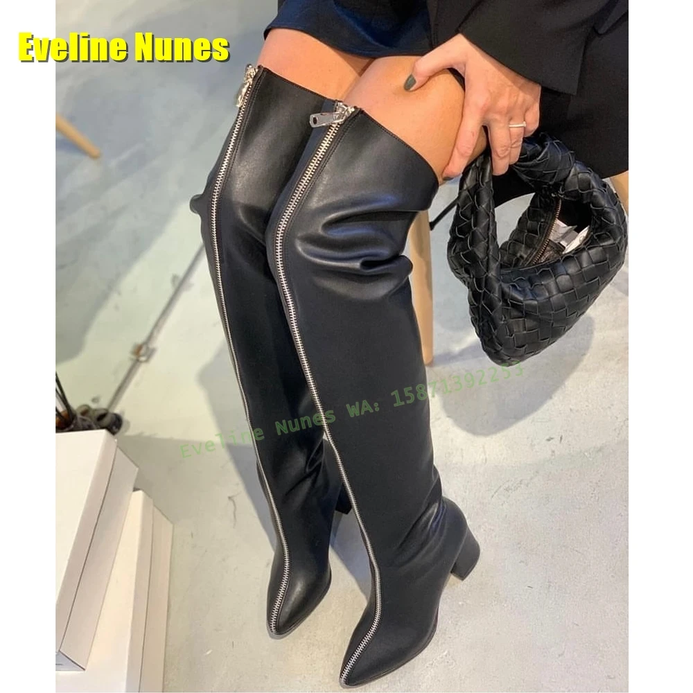 Front-Zip Block Heel Long Boots Pointed Toe Splicing Big Size Solid Sexy Women Over The Knee Boots Streetwear Fashion Shoes 2024