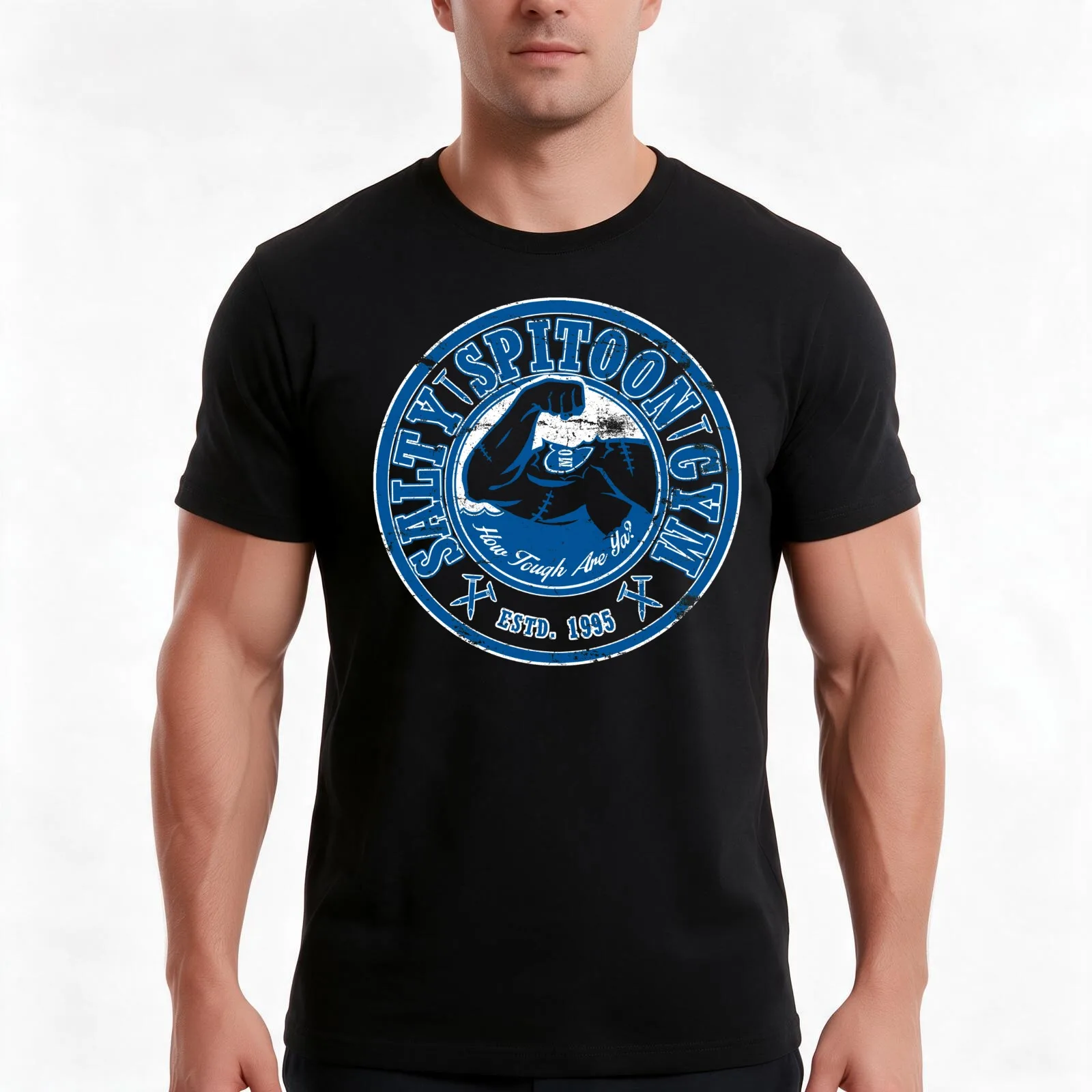 Salty Spitoon Gym- Blue T-Shirt, Summer Casual Cotton Tee, Oversized Streetwear Tops, Vintage Graphic Print, Unisex Men Women