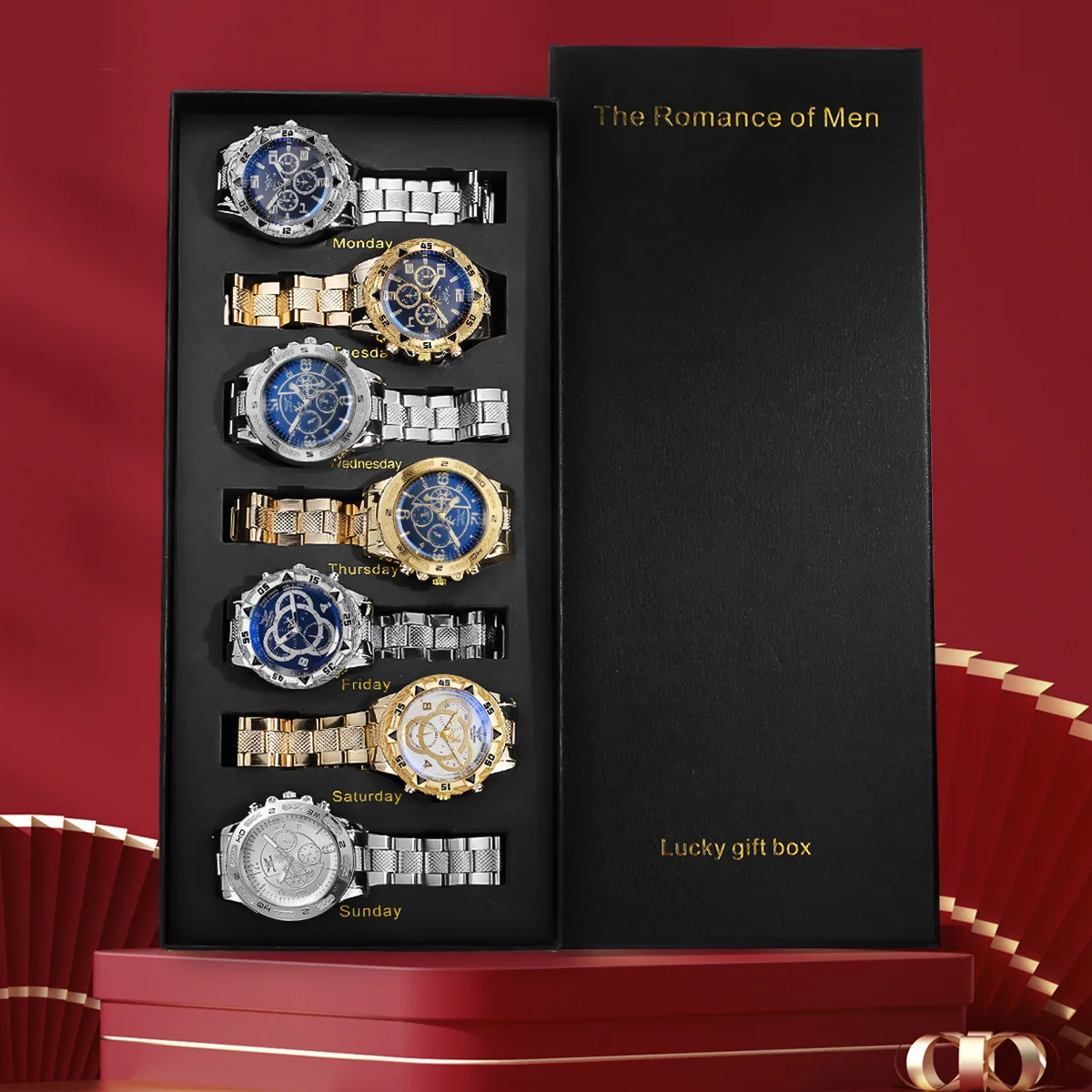 Men 7‑Pcs Watch Casual Office Quartz Bundle Timeless Classic Dial Solid Alloy Link Bracelet Complete Male Gift‑Ready Packaging