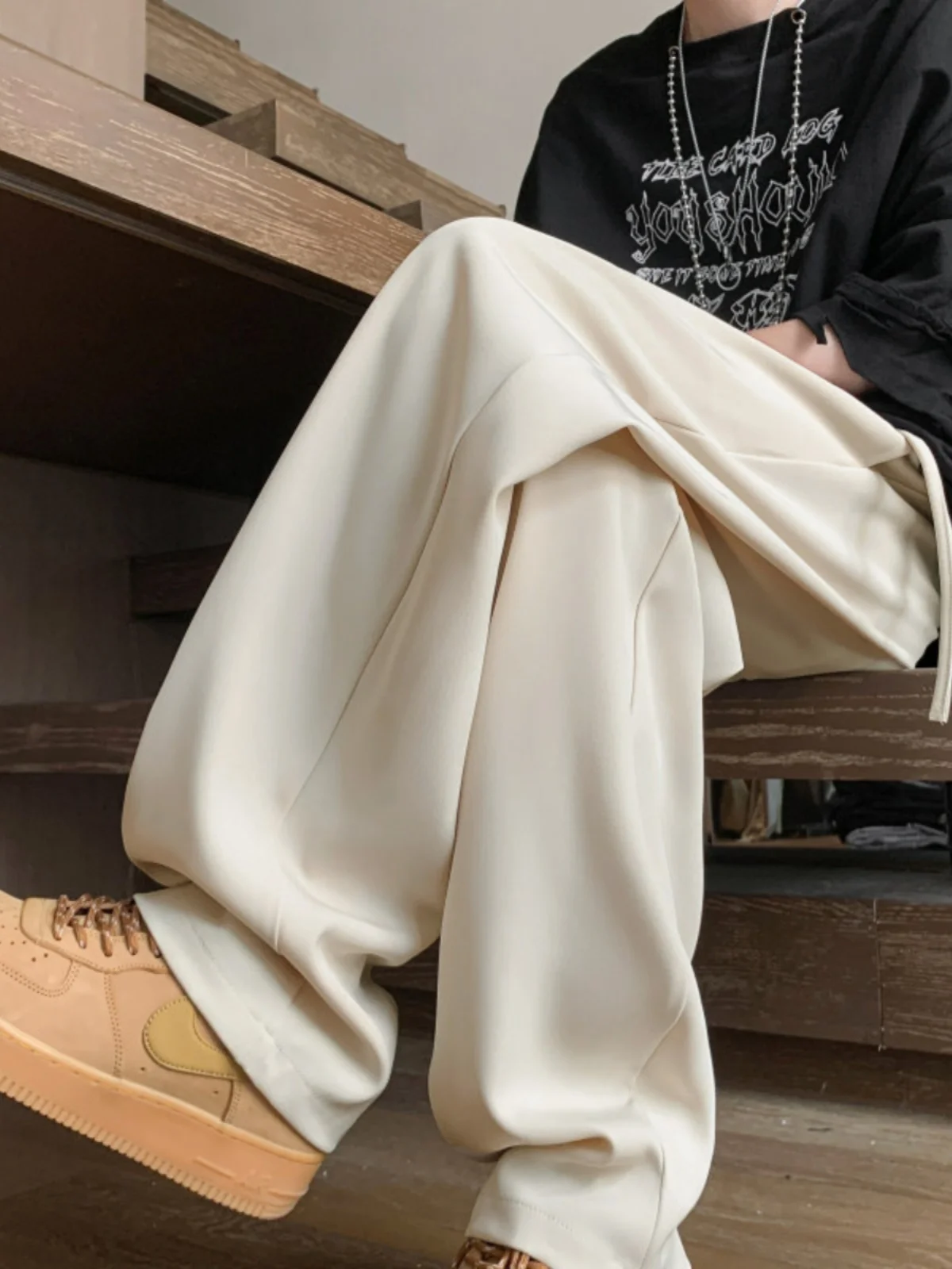 

Футболка из ледяного шелка, ацетатные брюки, мужские весенне-летние прямые драпированные повседневные длинные брюки, модные широкие брюки для отдыха