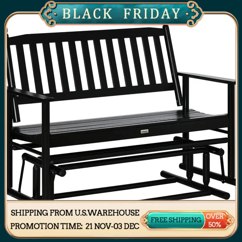 Wooden Patio Glider Bench, Wood Log Outdoor Loveseat with High Back and Armrests, Heavy Duty 550lbs Capacity, 2-Seat