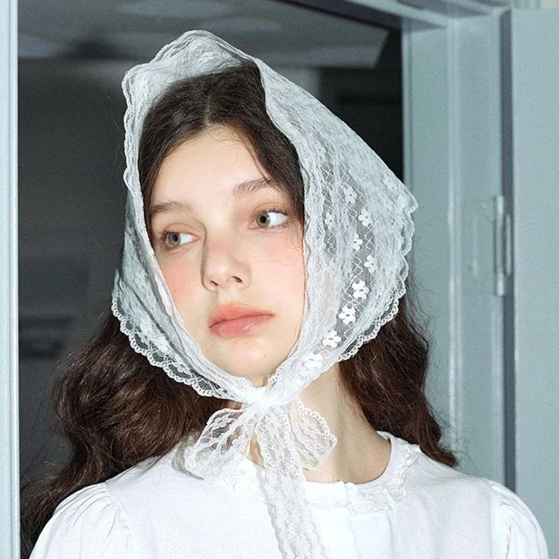 Women French Country Style Lace Mesh Triangle Scarf Spring Summer Floral Hair Scarf Elegant Headwrap Bohemian Hair Accessories