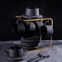 High-grade frosted coffee cup and saucer set ceramic plate breakfast cup black spoon with cup holder.