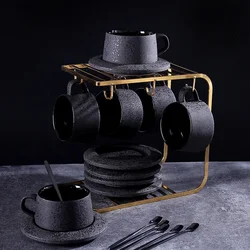 High-grade frosted coffee cup and saucer set ceramic plate breakfast cup black spoon with cup holder.