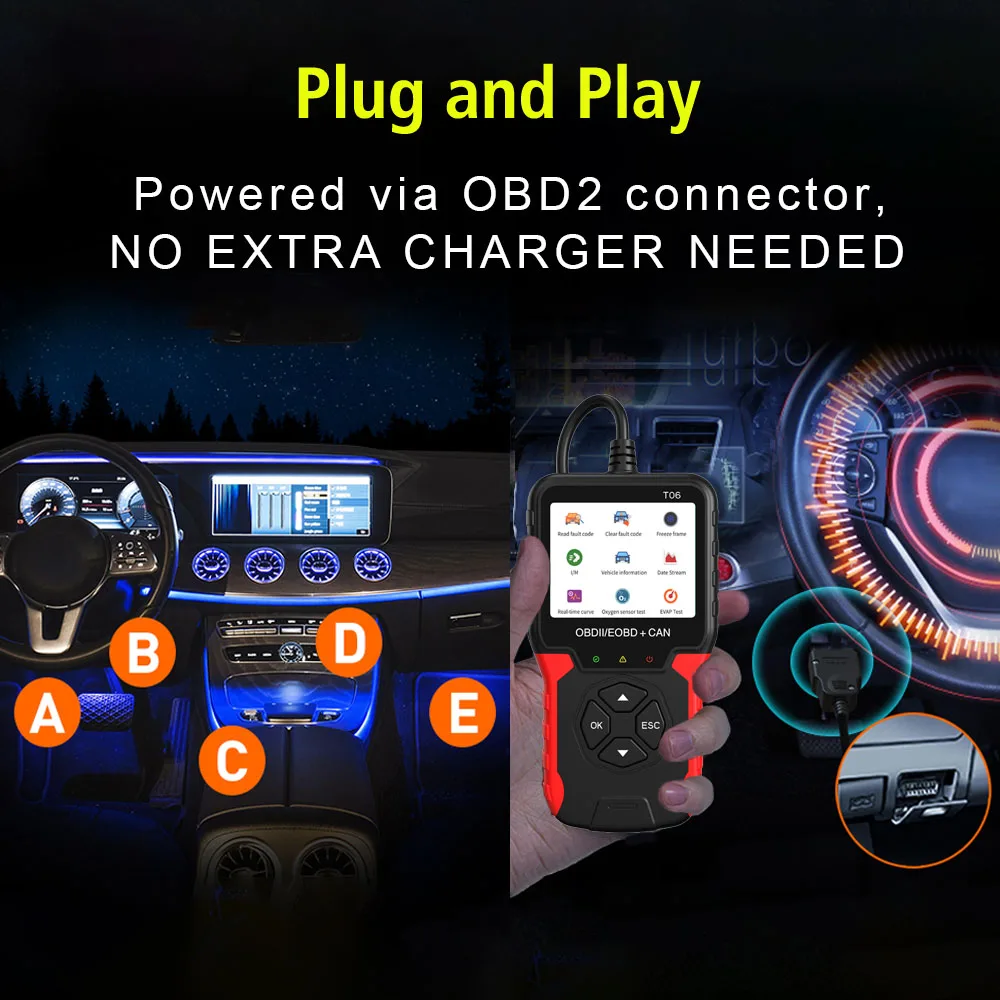 T06 Code Reader OBD2 Scanner Check Engine System Multi-language Support Battery Tester Auto Accessories Car Diagnostic Tool