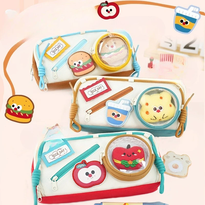 Pen Bag New Girl's Niche Cute High Beauty Burger Large Capacity Stationery Box Stationery Burger Apple Milk Tea Pencil Bag New