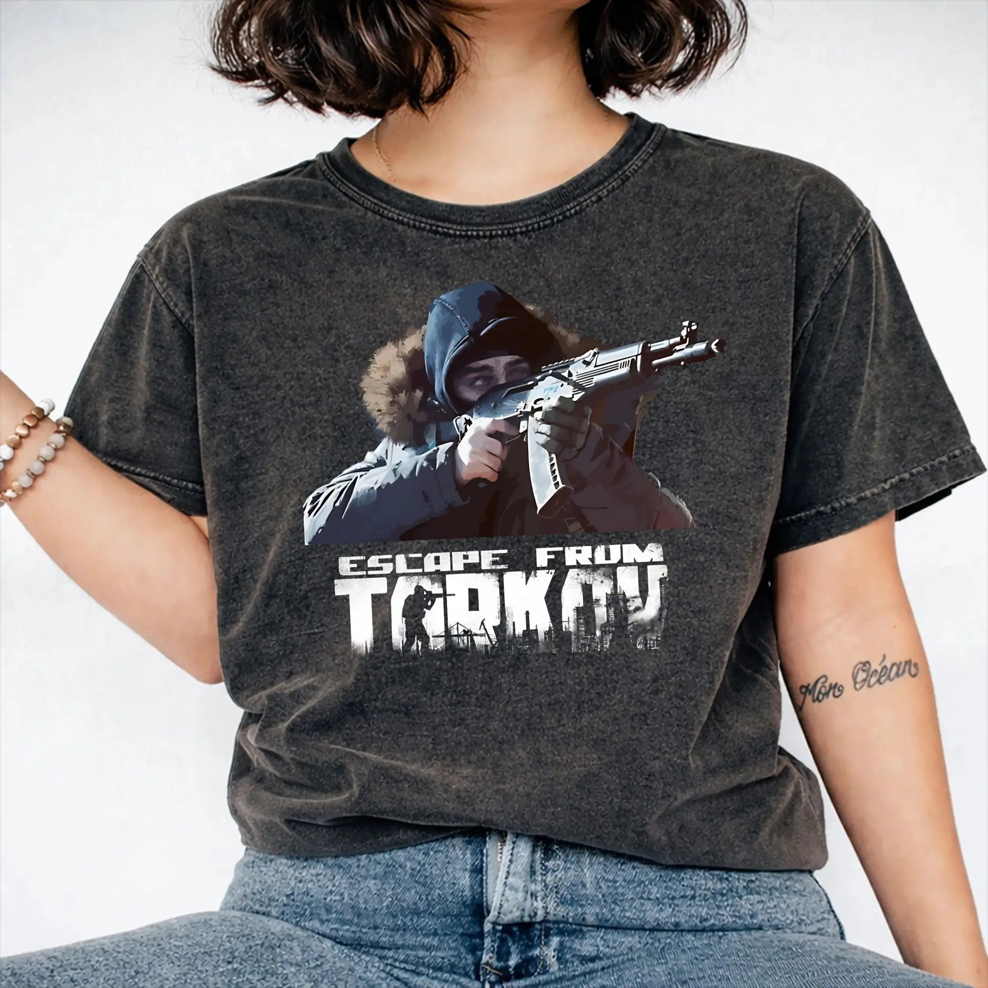 Graphic Printed Escape From Tarkov USEC  Washed T Shirts Outfit Harajuku T-Shirt  Men Women Tees