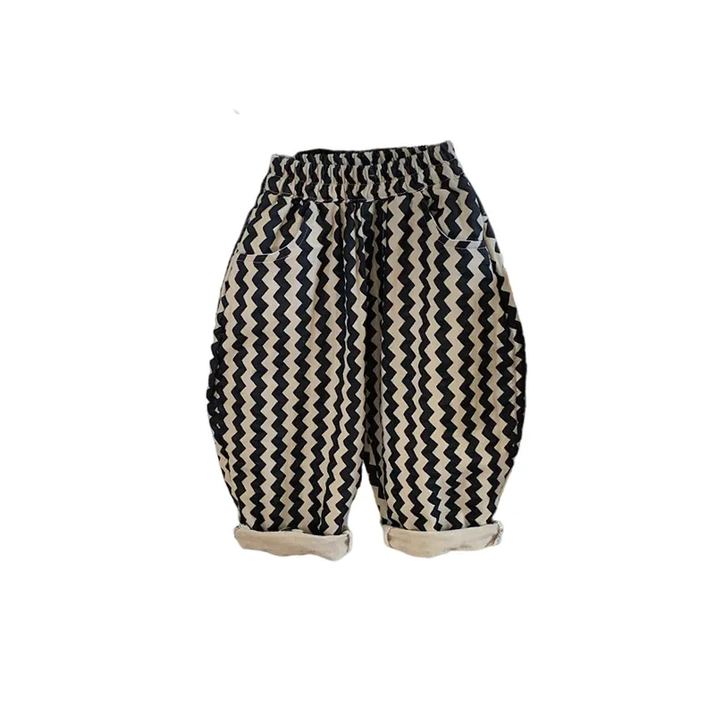 

Full-length Solid Color Cotton Pants Trendy Striped Trousers for Boys Girls