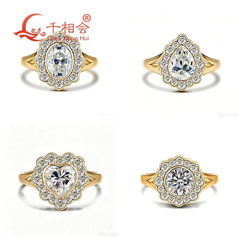 925 Sterling Silver Moissanite Ring  Round/Oval/Pear/Heart Cut, 6.5/6x8/7mm,  Yellow Gold Plated Option, Halo Engagement Ring view 5