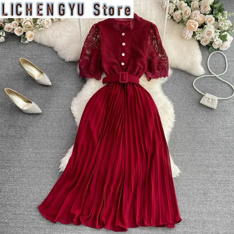 

Sweet Style Women's Hollow Out Lace Patchwork Pleated With Belt Solid Color High Waist Dress 2023 Autumn New Dresses