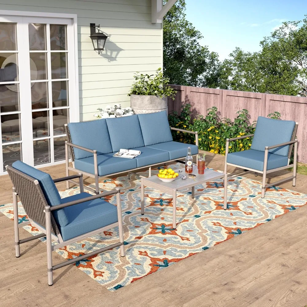 

Outdoor Patio Conversation Set, Wicker Patio Chaise Longue Conversation Set with Coffee Table & Cushions Garden Furniture Sets(