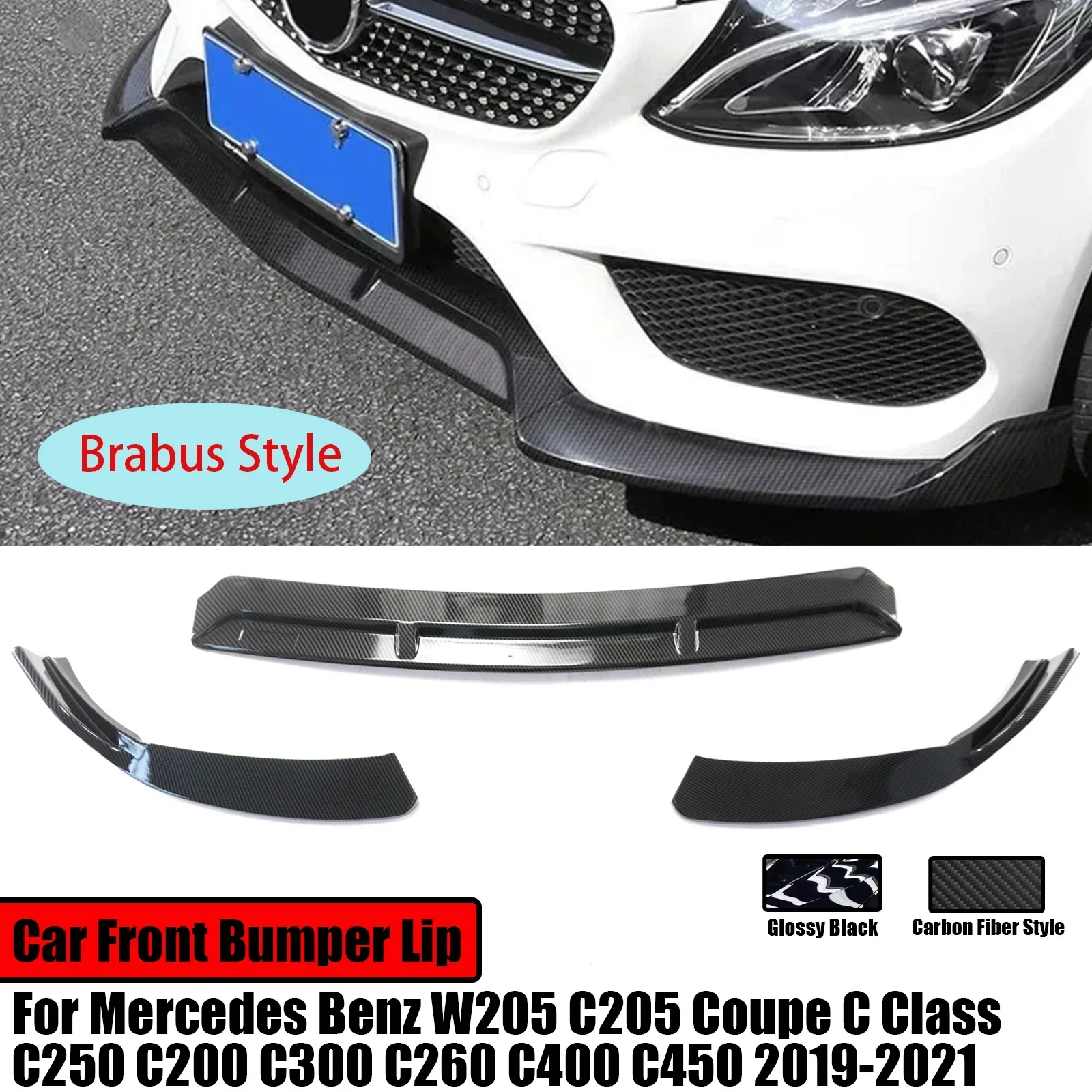 Car Front Bumper Lip For Mercedes Benz W205 C205 Coupe C Class C300  2019-2021 Brabus Style Glossy Black Carbon Fiber Style