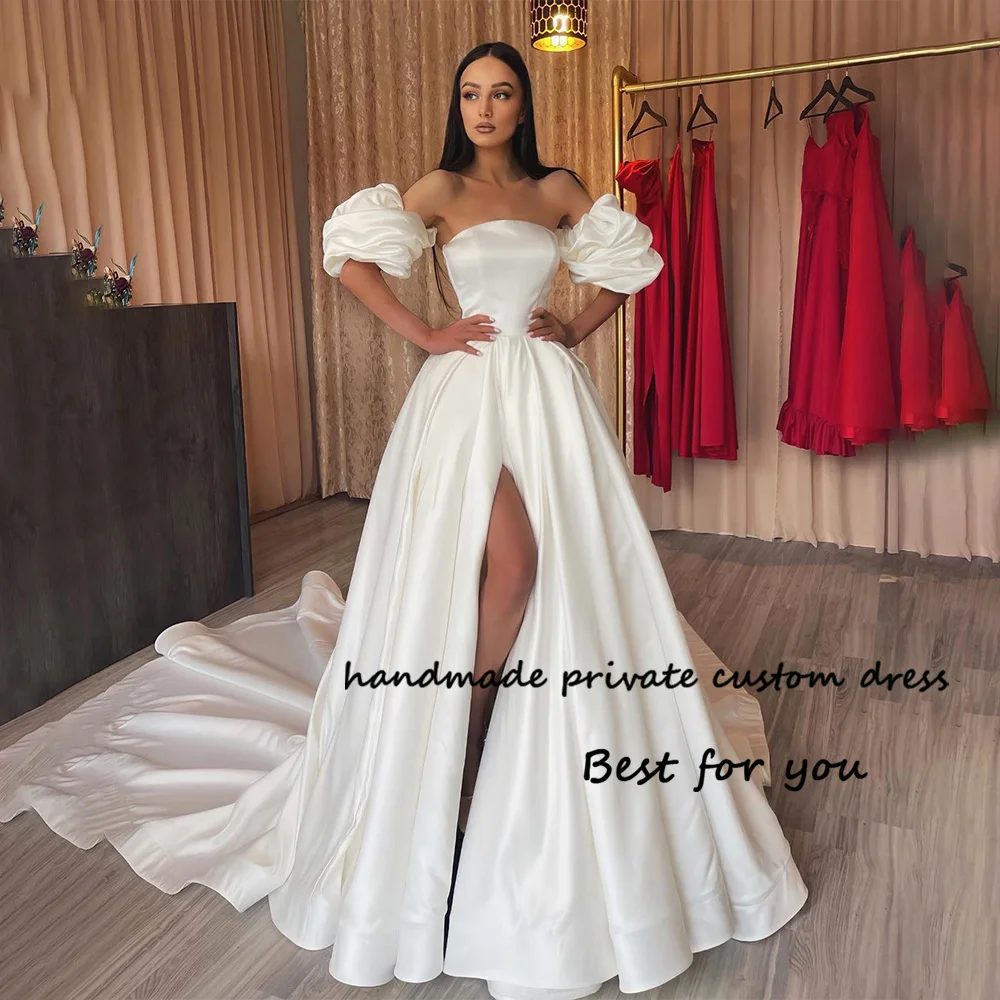 

A Line Wedding Dresses with Slit Sleeve Draped Satin Strapless Bride Dress Simple Civil Long Wedding Gowns for Women 2024