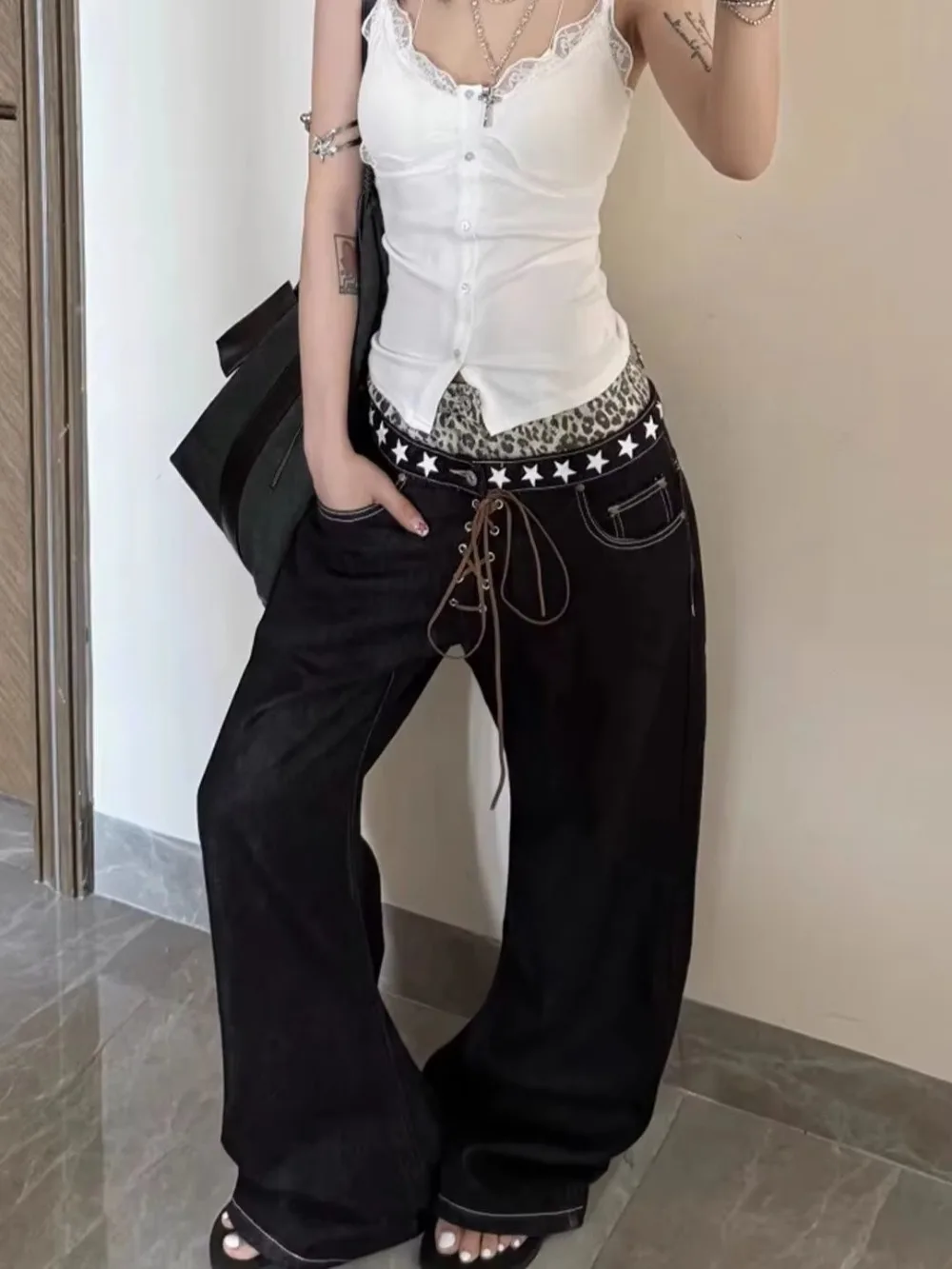 

Star waist tied American high street Vibe micro flared jeans for women retro Y2k street slimming and slimming straight leg denim