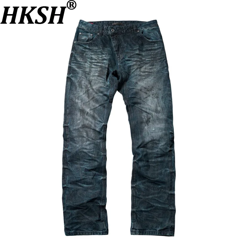 HKSH Spring Autumn New Men Tide Dark Chic Ins Retro Heavy Crinkled Distressed Washed Straight Jeans Y2K Denim Pants Vibe HK26564