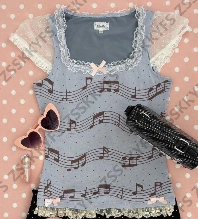 Blue Lace Short sleeves Musical note 2000s Tshirt Sweet Girl Summer Slim Top Woman Japanese Y2k Clothes Tee Kpop Polka Dot Shirt