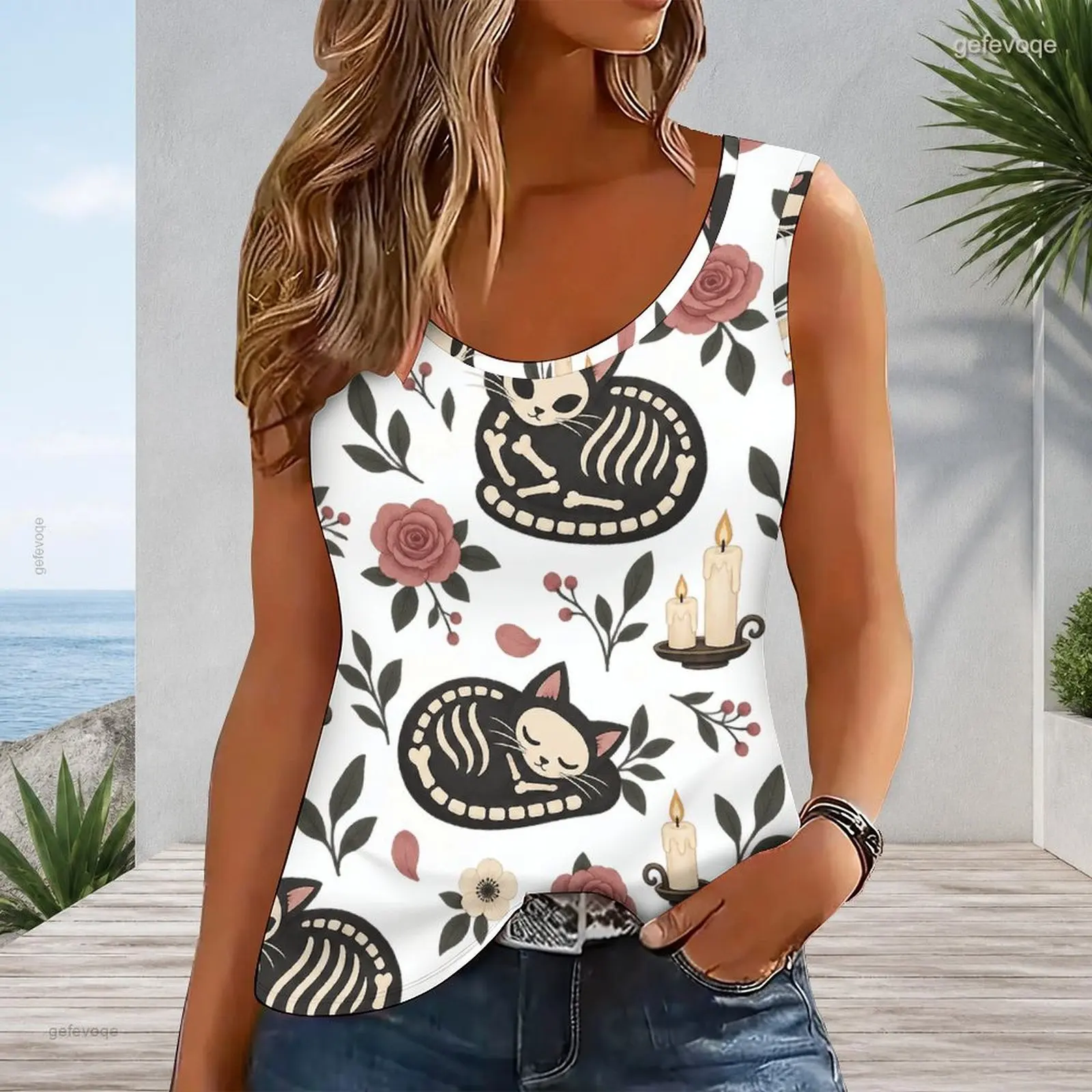 Women White Printed Tank Top, Raven Dark Red Rose Golden Moon Star Candle Pattern Sleeveless Scoop Neck Top