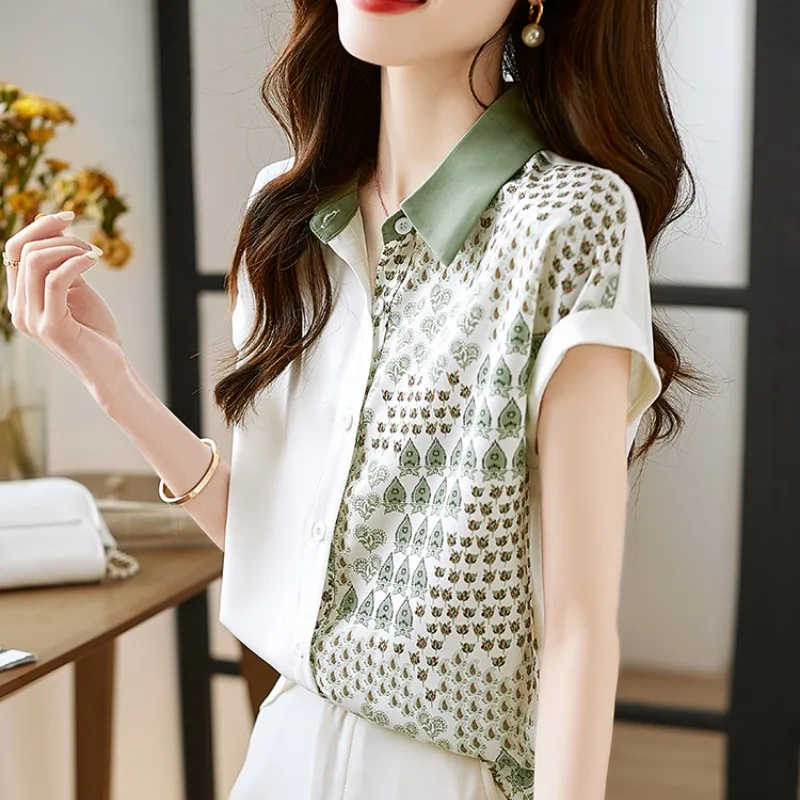 Women's 2024 Summer Turndown Collar Panel Button Print Slim Fit Chiffon Commuter Versatile Batwing Sleeve Short Sleeved Shirt