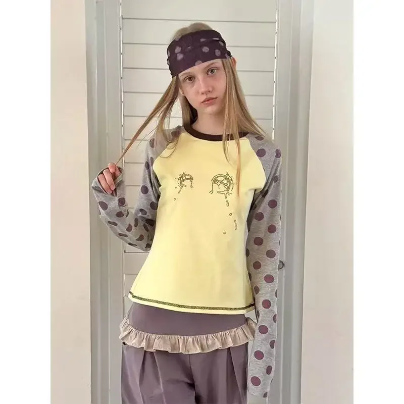 Yellow Gray Polka Dot Raglan Long Sleeve Top Hand Drawn Crying Eyes Print Slim Fit Crew Neck Long Sleeve Tee