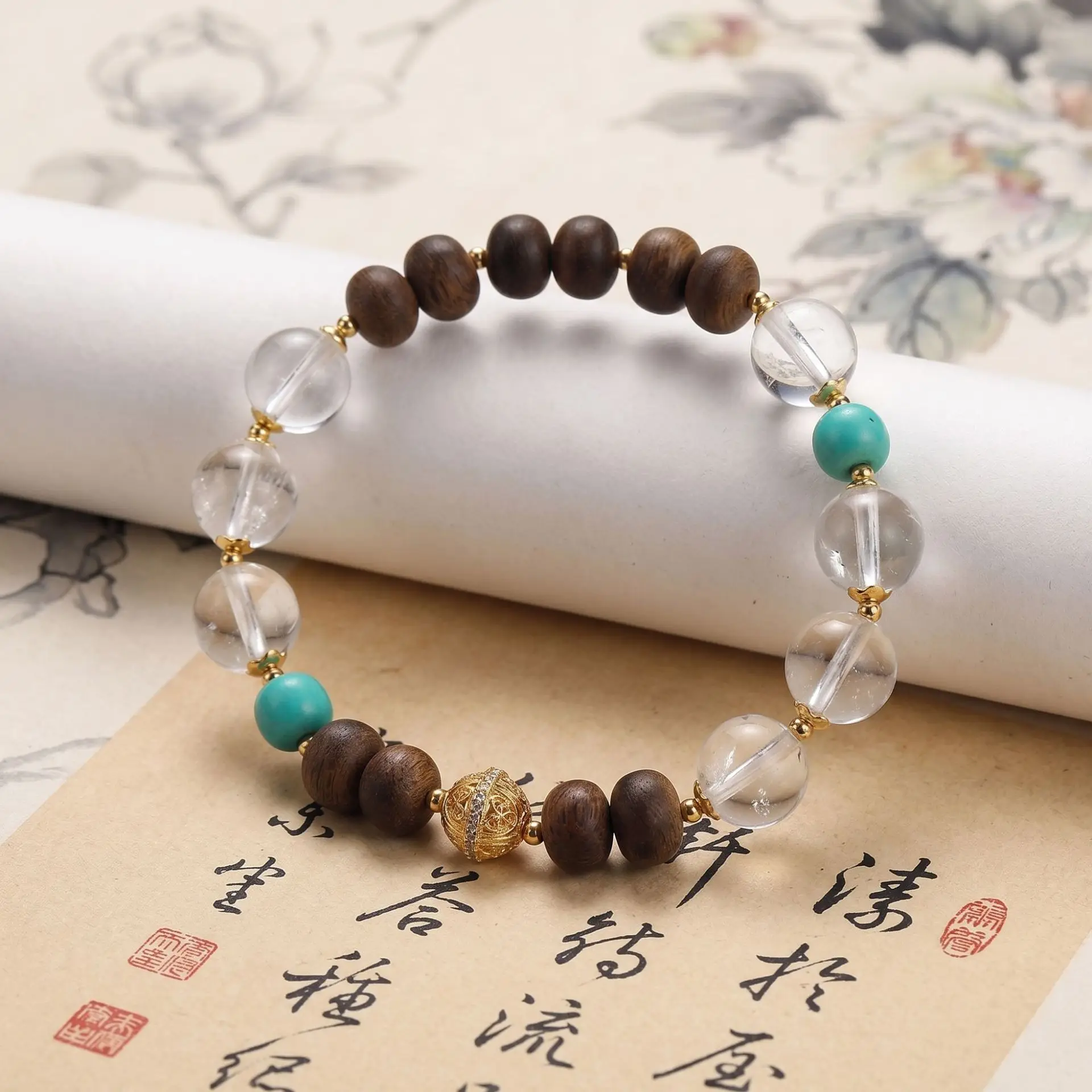 Natural Agarwood White Crystal Beaded Bracelet 8.5mm 10mm Turquoise Style Collectible Gifts