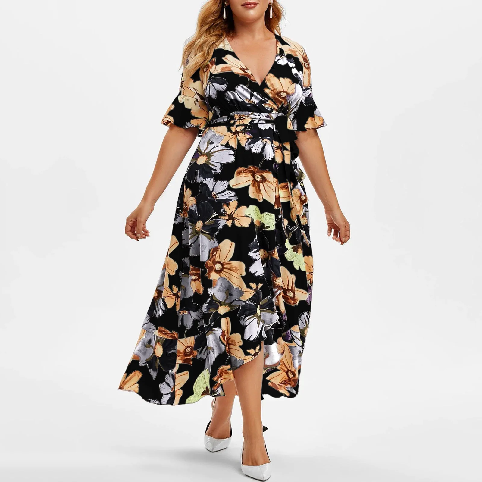 2024 summer Plus-size Casual Boho Dress Irregular Slit Short Sleeves Waisted Slim Long Dresses Women Clothing Streetwear 4XL 3XL