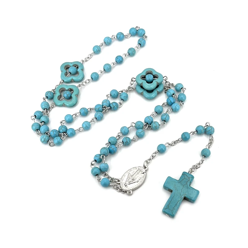 Rosario cattolico in pietra Vintage blu per donna uomo collana con ciondolo croce cristo lungo