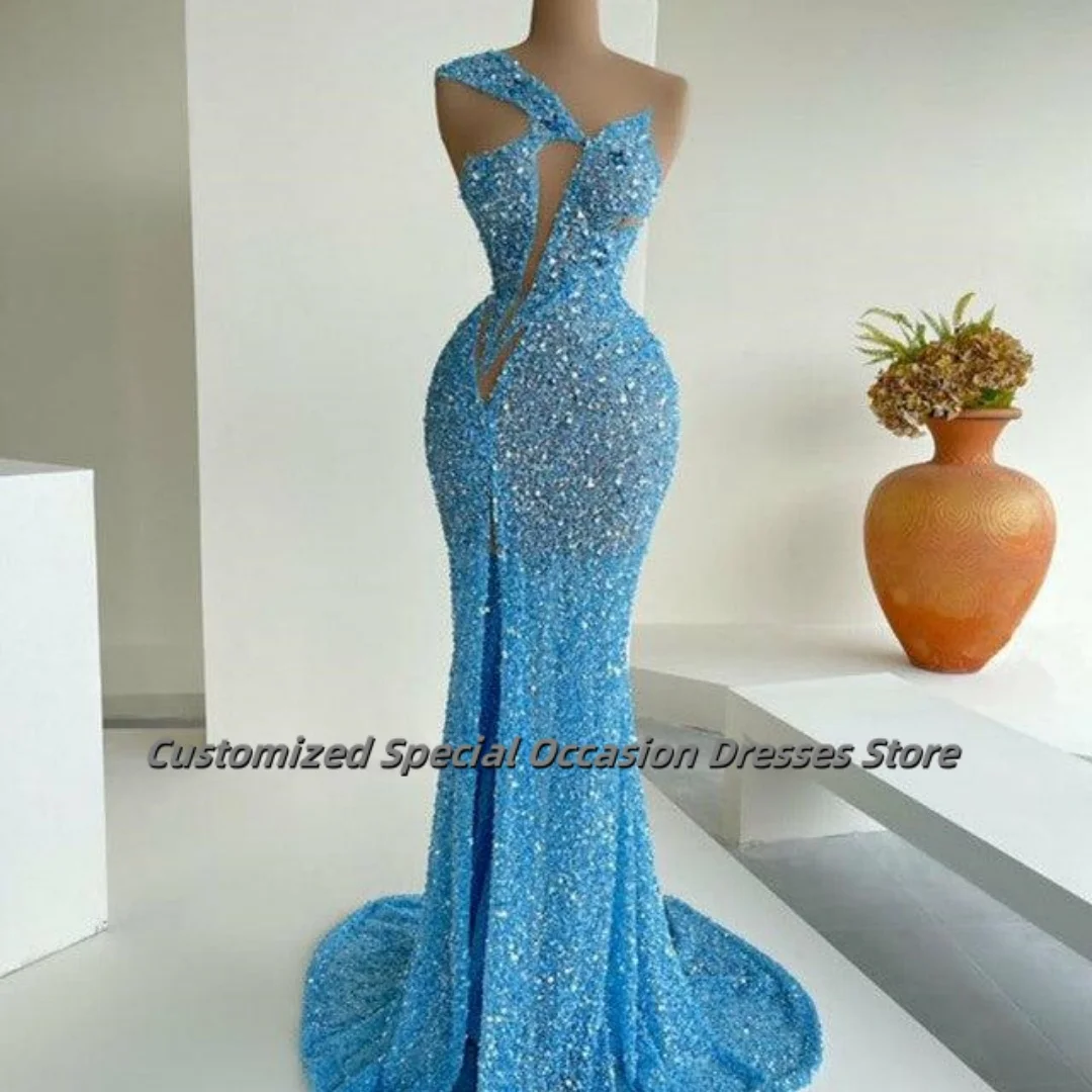 Sparkly Blue Evening Dresses For Women 2025 One Shoulder Mermaid Party Gown Beaded Crystal Rhinestone Party Outfits Customized