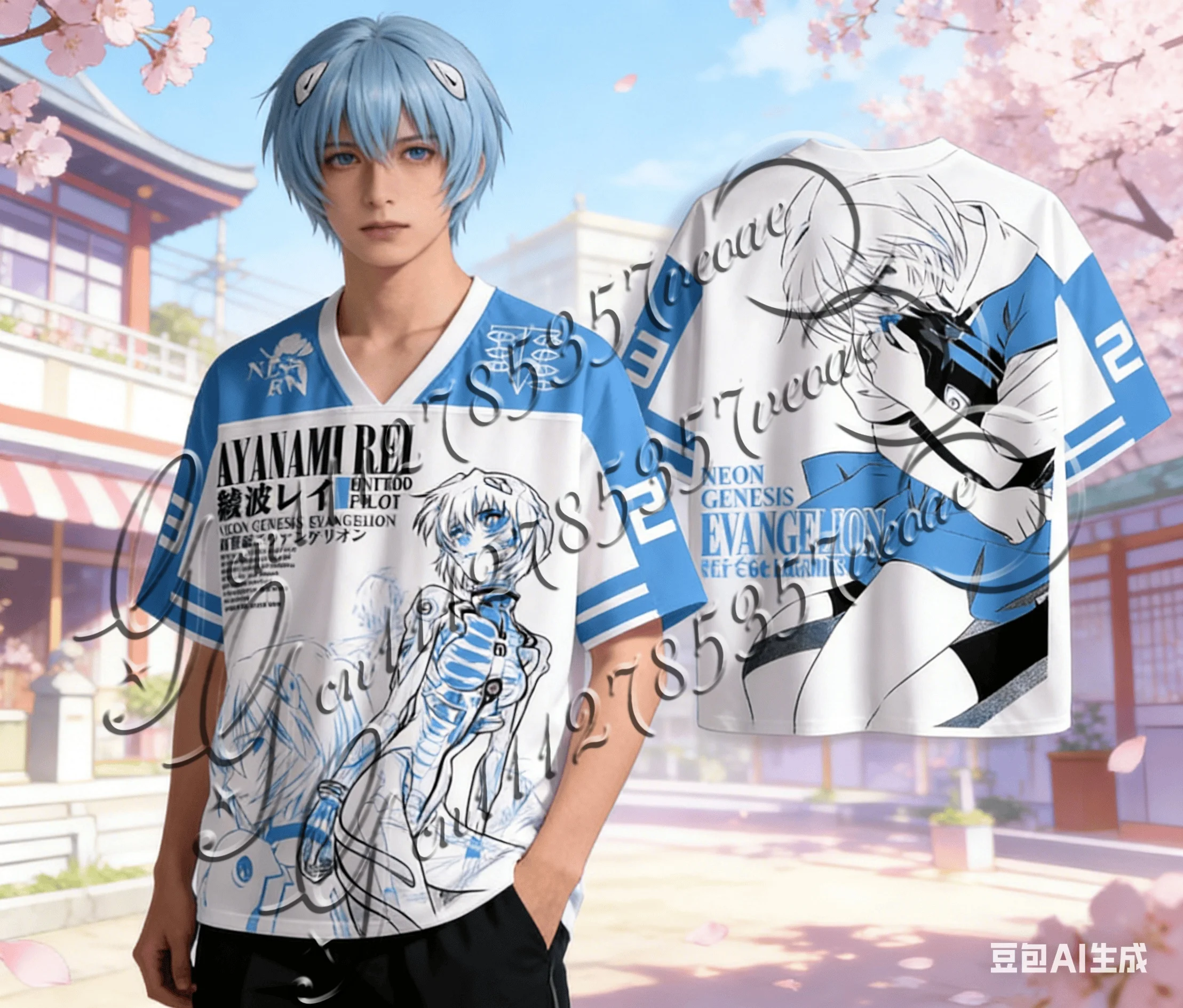 

2026 Men's New Asuka Langley Jersey NERV Logo V-Neck Short Sleeve Neon Genesis Evangelion Anime Mecha Fan Casual Streetwear