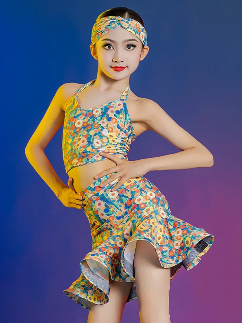 Children Cha Cha Latin Dancewear Kids Girls Training Printed Halter Dance Top and Skirt Ballroom Rumba Samba Performance Costume