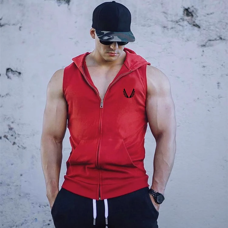 

Summer sports and fitness vest, men's zipper hooded sleeveless, suitable for exercise, outdoor running, casual short sleeved